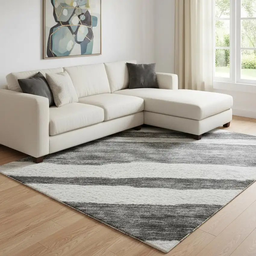 Charcoal And Ivory Striped Washable Area Rug With UV Protection Photo 2