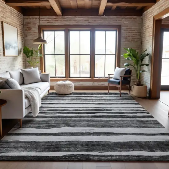 Charcoal And Ivory Striped Washable Area Rug With UV Protection Photo 3