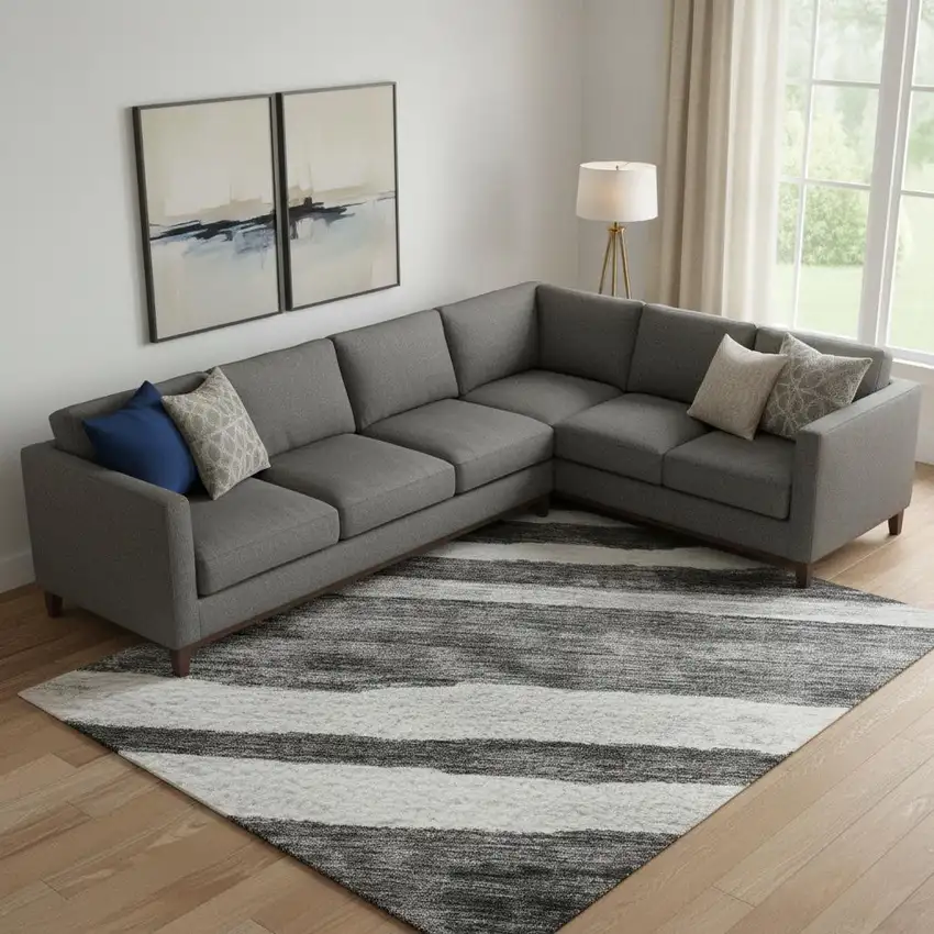 Charcoal And Ivory Striped Washable Area Rug With UV Protection Photo 2