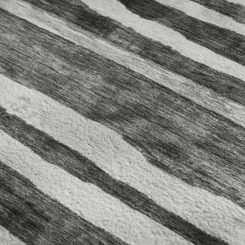 Charcoal And Ivory Striped Washable Area Rug With UV Protection Photo 3