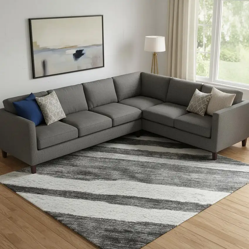 Charcoal And Ivory Striped Washable Area Rug With UV Protection Photo 2