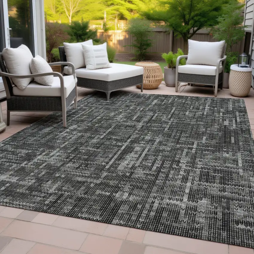 Charcoal And Ivory Striped Washable Indoor Outdoor Area Rug Photo 6