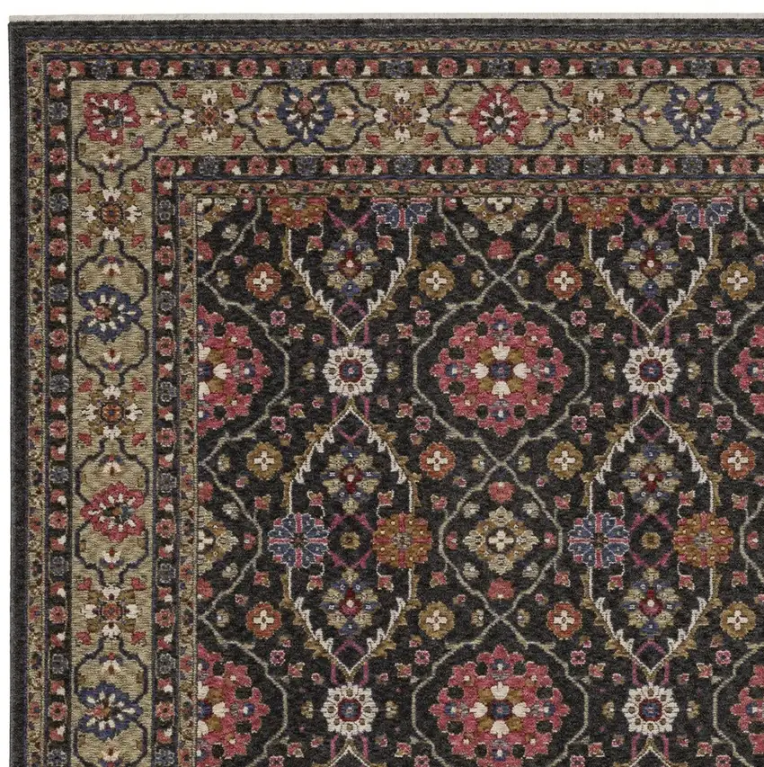 Charcoal And Pink Oriental Area Rug With Fringe Photo 7