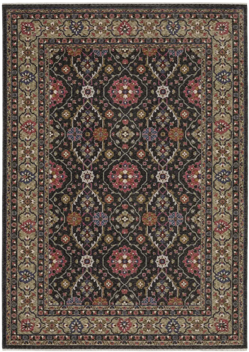 Charcoal And Pink Oriental Area Rug With Fringe Photo 2