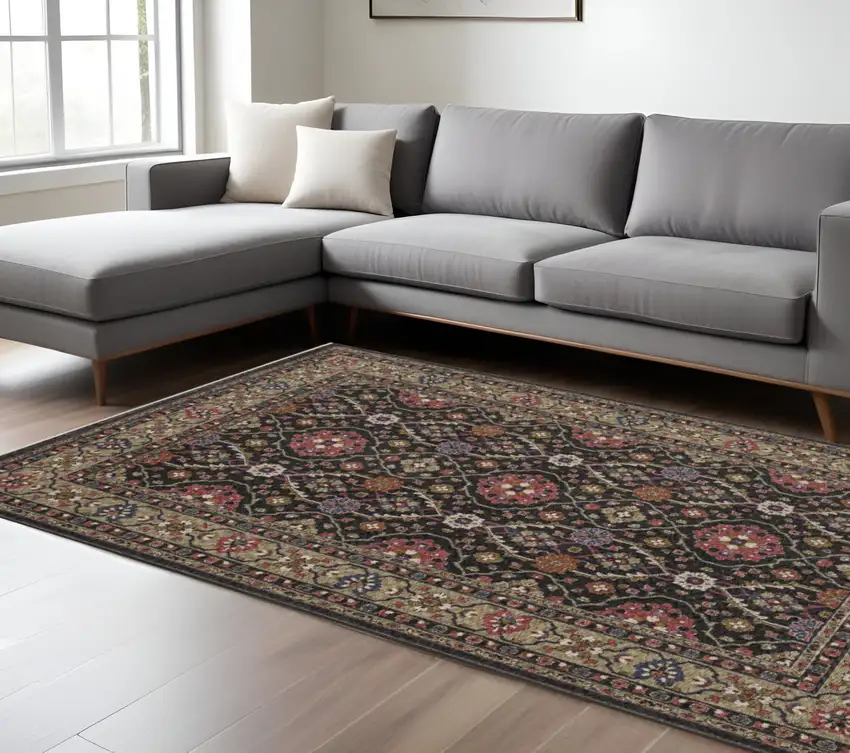 Charcoal And Pink Oriental Area Rug With Fringe Photo 1