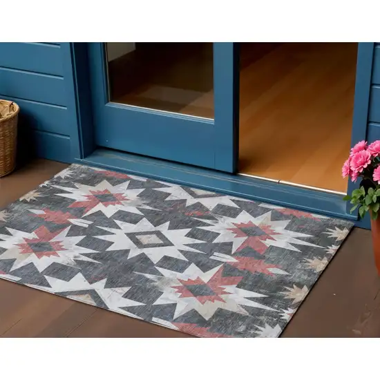 Charcoal And Rust Aztec Washable Indoor Outdoor Area Rug Photo 2