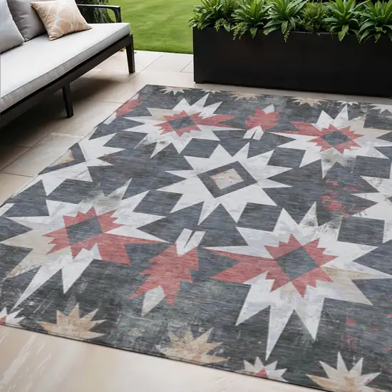 Charcoal And Rust Aztec Washable Indoor Outdoor Area Rug Photo 2