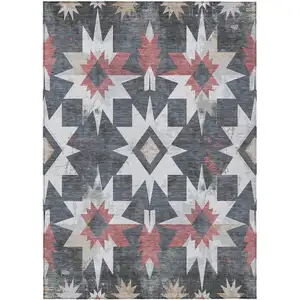Photo of Charcoal And Rust Aztec Washable Indoor Outdoor Area Rug