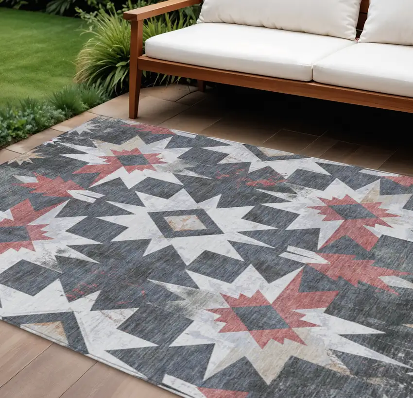 Charcoal And Rust Aztec Washable Indoor Outdoor Area Rug Photo 2