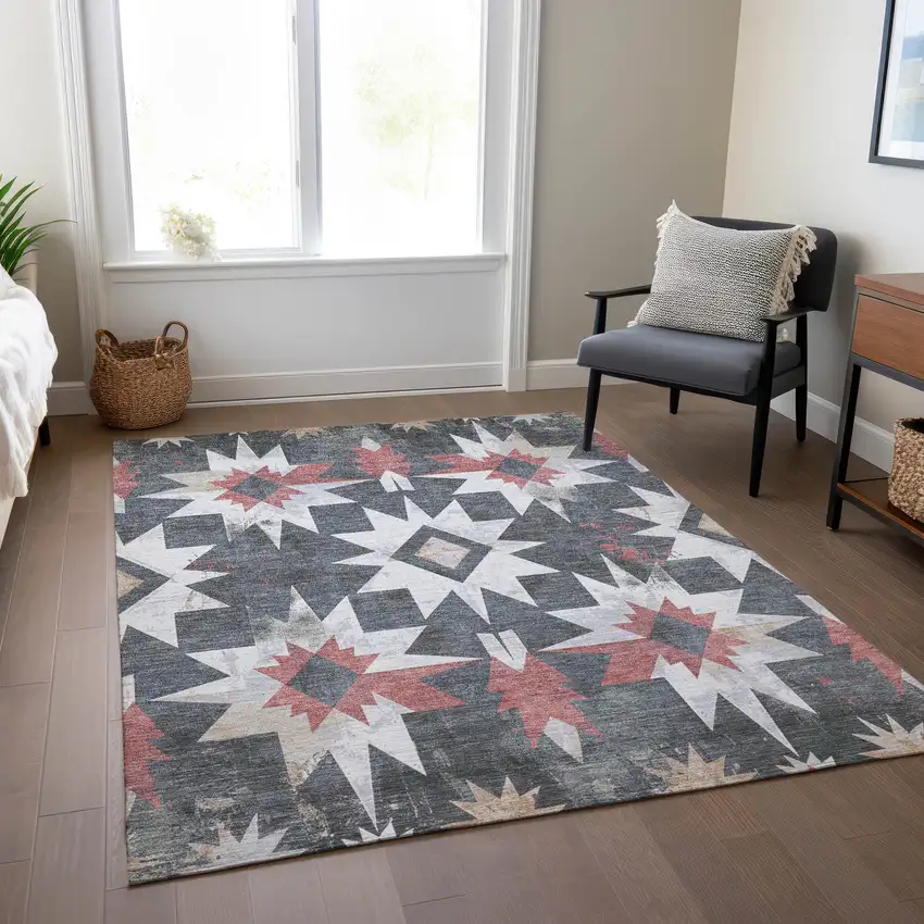 Charcoal And Rust Aztec Washable Indoor Outdoor Area Rug Photo 7