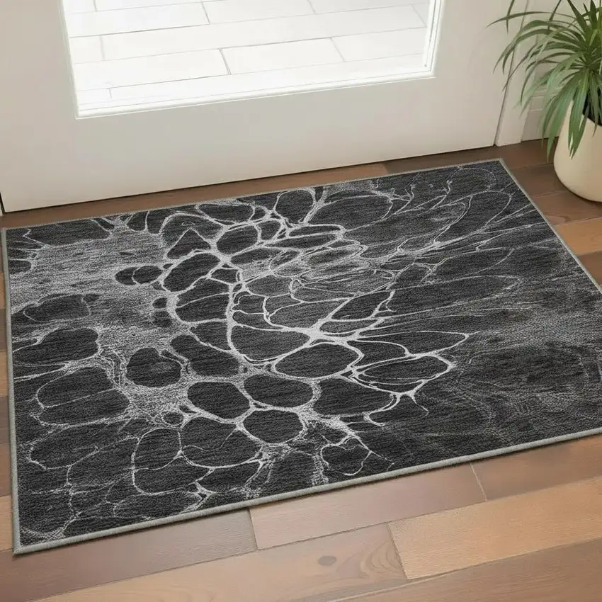 Charcoal And Silver Abstract Washable Area Rug With UV Protection Photo 2