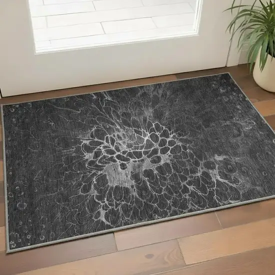 Charcoal And Silver Abstract Washable Area Rug With UV Protection Photo 4