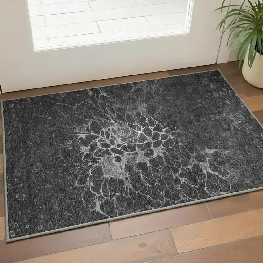 Charcoal And Silver Abstract Washable Area Rug With UV Protection Photo 4