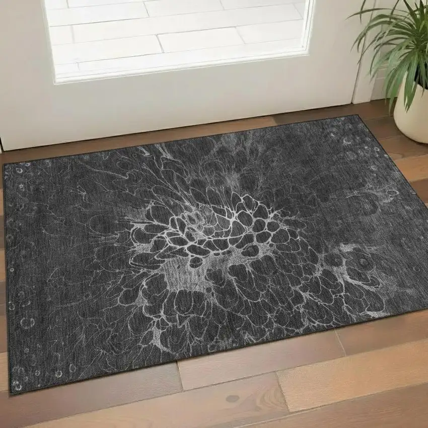 Charcoal And Silver Abstract Washable Area Rug With UV Protection Photo 1
