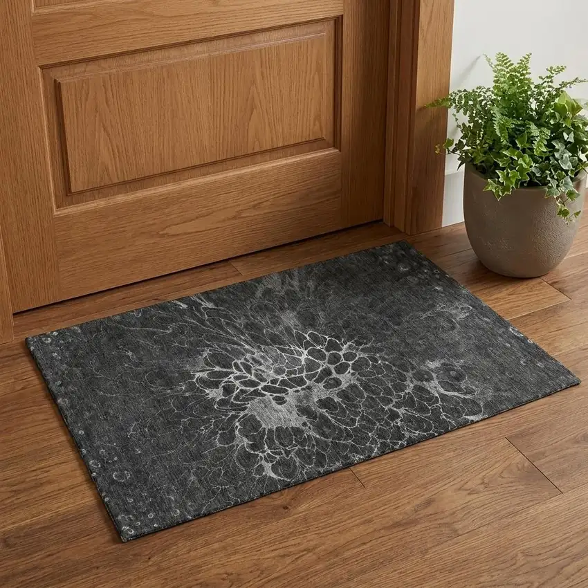 Charcoal And Silver Abstract Washable Area Rug With UV Protection Photo 1