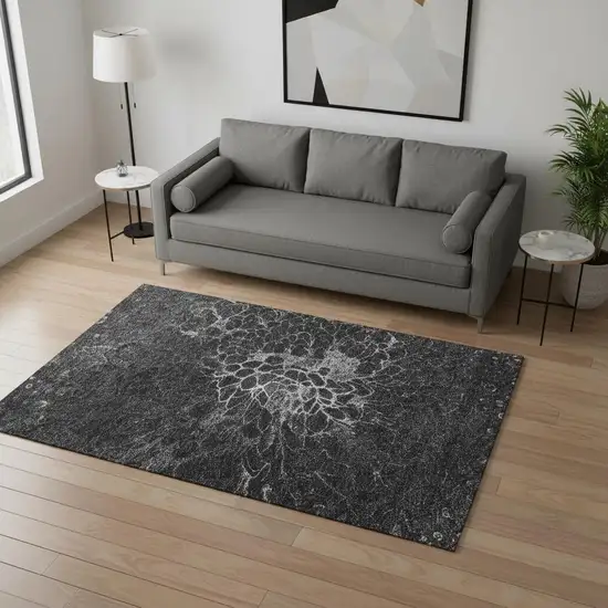 Charcoal And Silver Abstract Washable Area Rug With UV Protection Photo 1