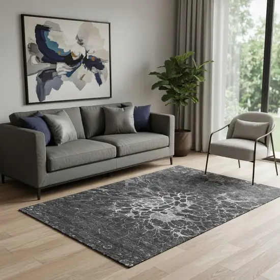 Charcoal And Silver Abstract Washable Area Rug With UV Protection Photo 1