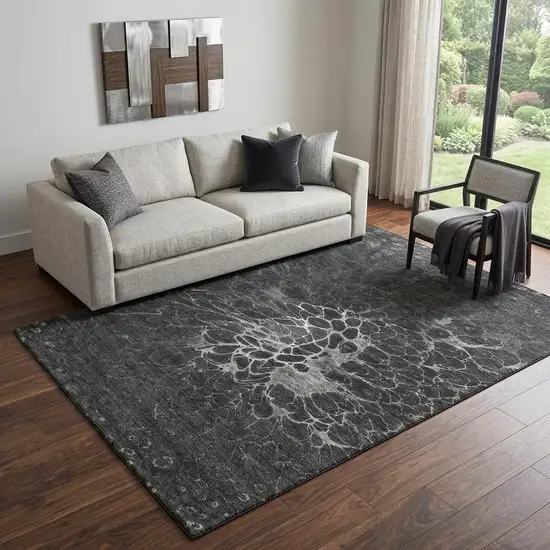 Charcoal And Silver Abstract Washable Area Rug With UV Protection Photo 1
