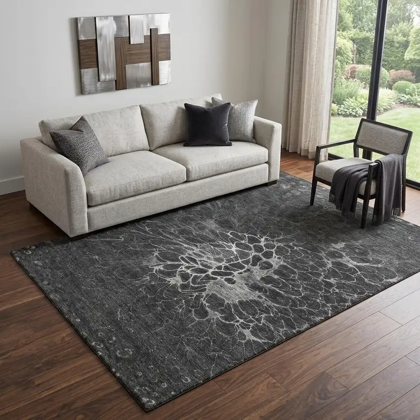 Charcoal And Silver Abstract Washable Area Rug With UV Protection Photo 1