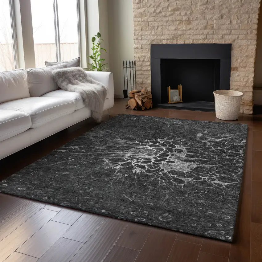 Charcoal And Silver Abstract Washable Area Rug With UV Protection Photo 6