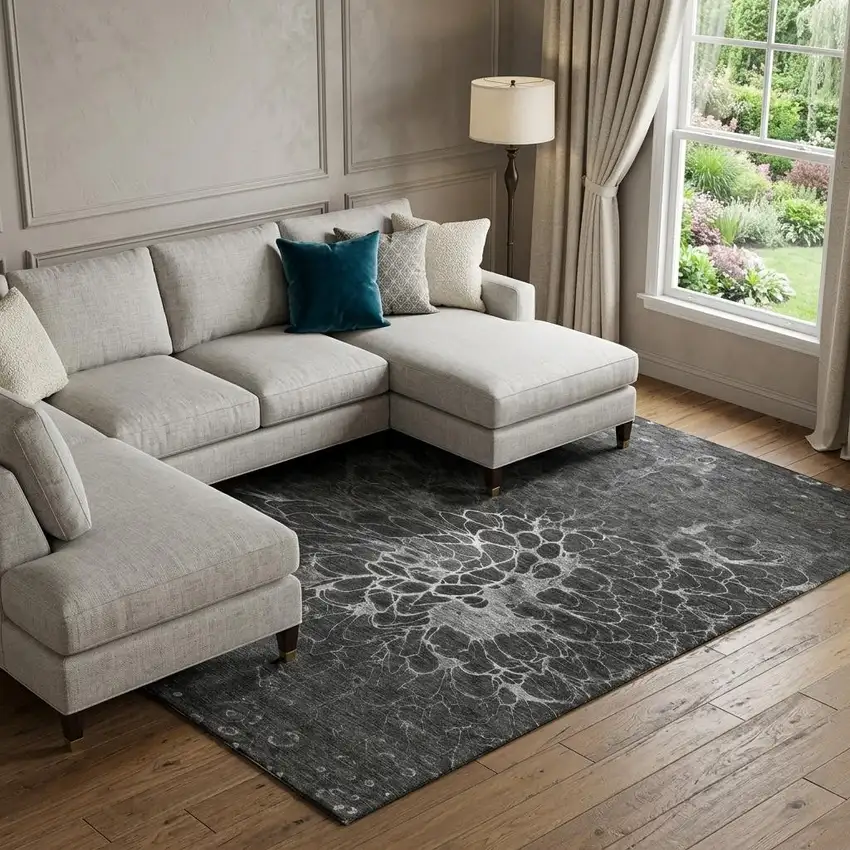 Charcoal And Silver Abstract Washable Area Rug With UV Protection Photo 1