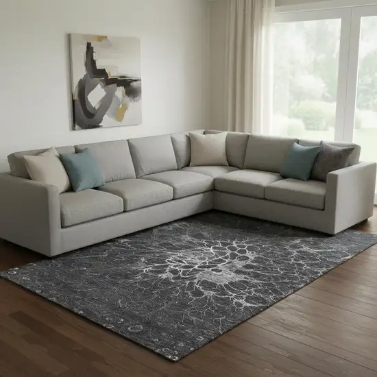 Charcoal And Silver Abstract Washable Area Rug With UV Protection Photo 1