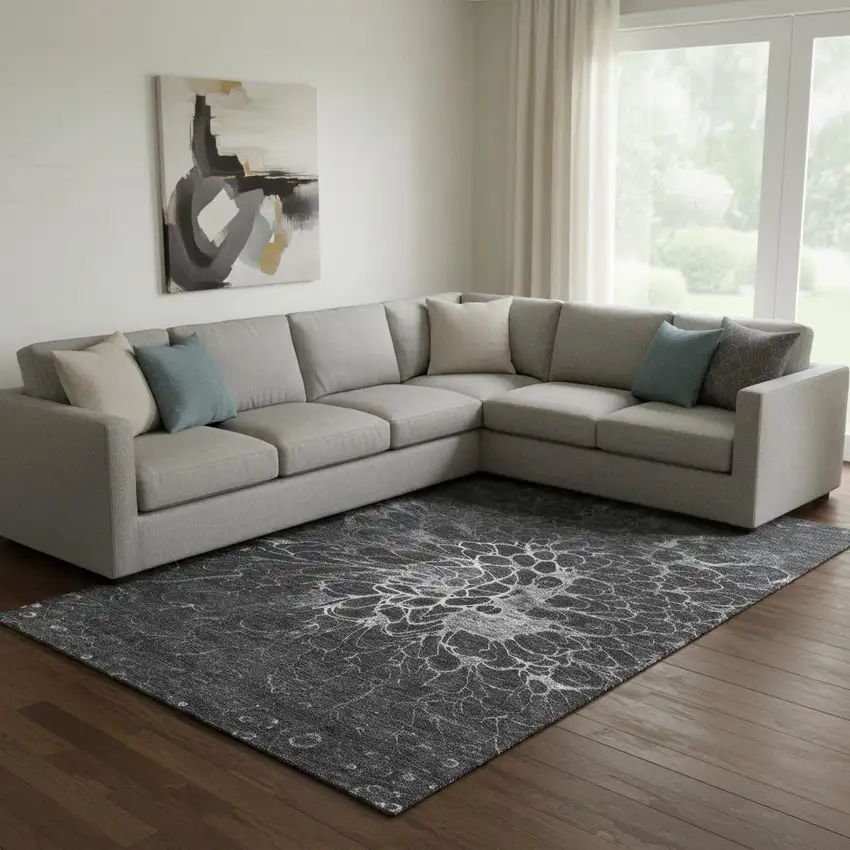 Charcoal And Silver Abstract Washable Area Rug With UV Protection Photo 1