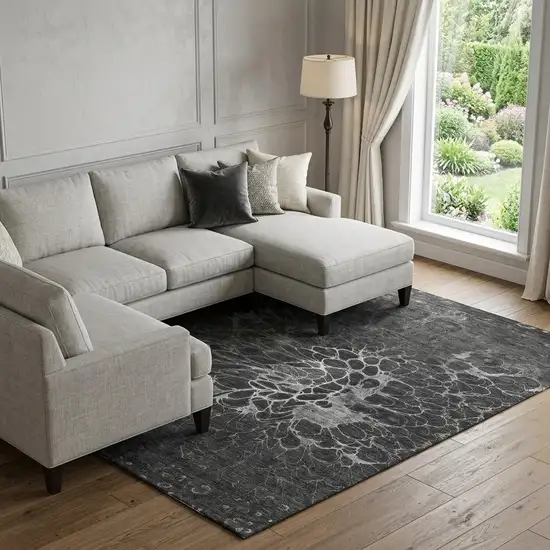 Charcoal And Silver Abstract Washable Area Rug With UV Protection Photo 1