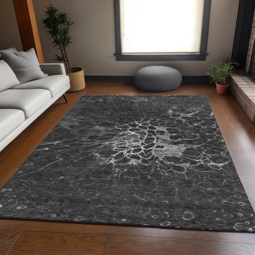 Charcoal And Silver Abstract Washable Area Rug With UV Protection Photo 5