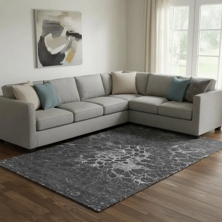 Charcoal And Silver Abstract Washable Area Rug With UV Protection Photo 1