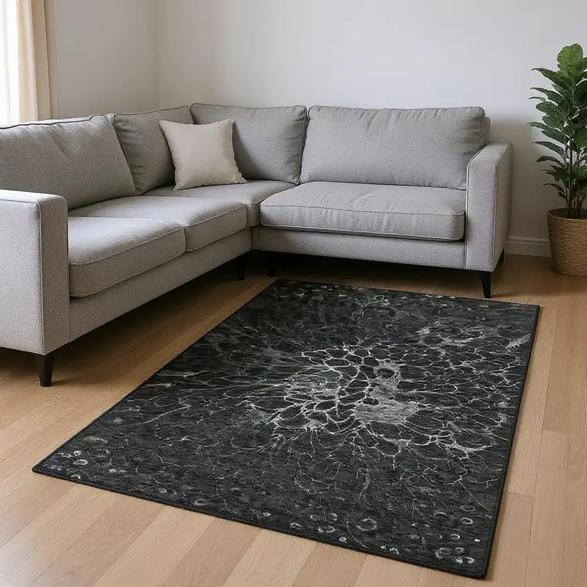 Charcoal And Silver Abstract Washable Area Rug With UV Protection Photo 2