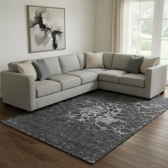 Charcoal And Silver Abstract Washable Area Rug With UV Protection Photo 1