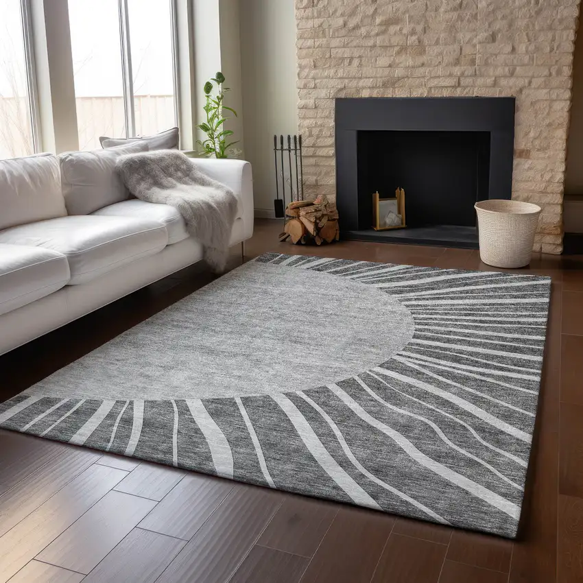 Charcoal And Silver Abstract Washable Area Rug With UV Protection Photo 6