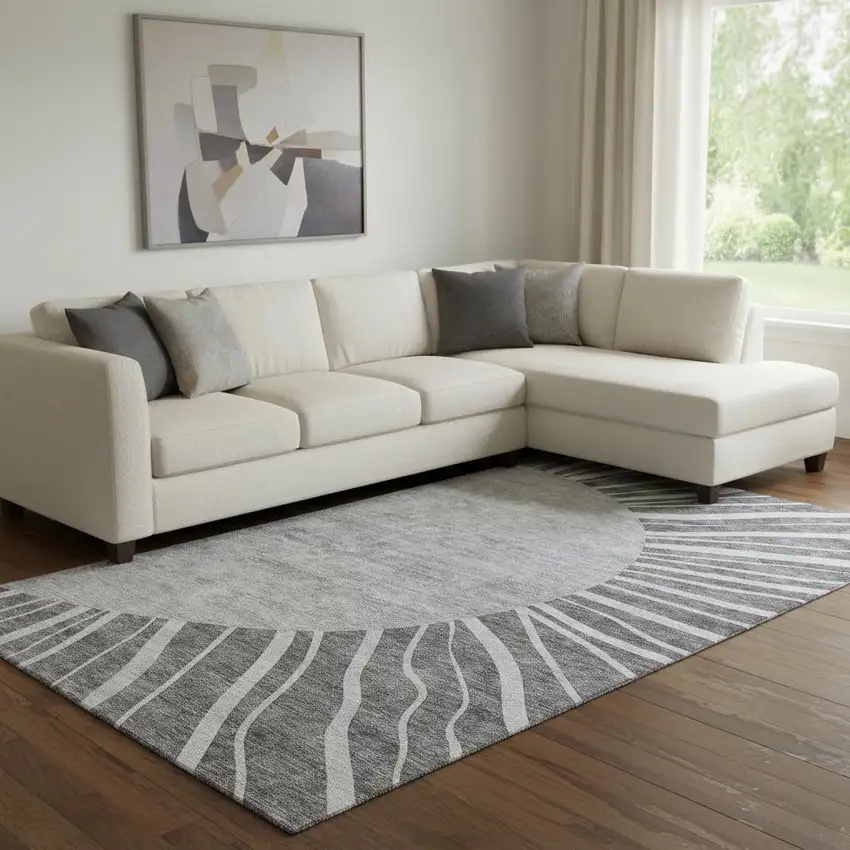 Charcoal And Silver Abstract Washable Area Rug With UV Protection Photo 1