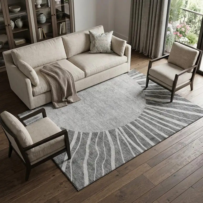 Charcoal And Silver Abstract Washable Area Rug With UV Protection Photo 1