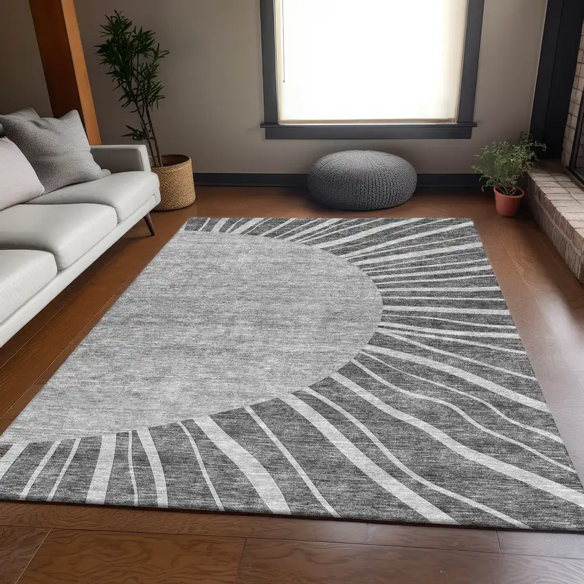 Charcoal And Silver Abstract Washable Area Rug With UV Protection Photo 5