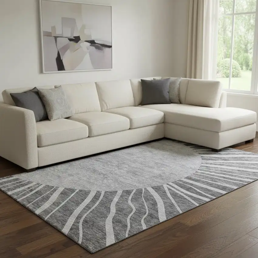 Charcoal And Silver Abstract Washable Area Rug With UV Protection Photo 3