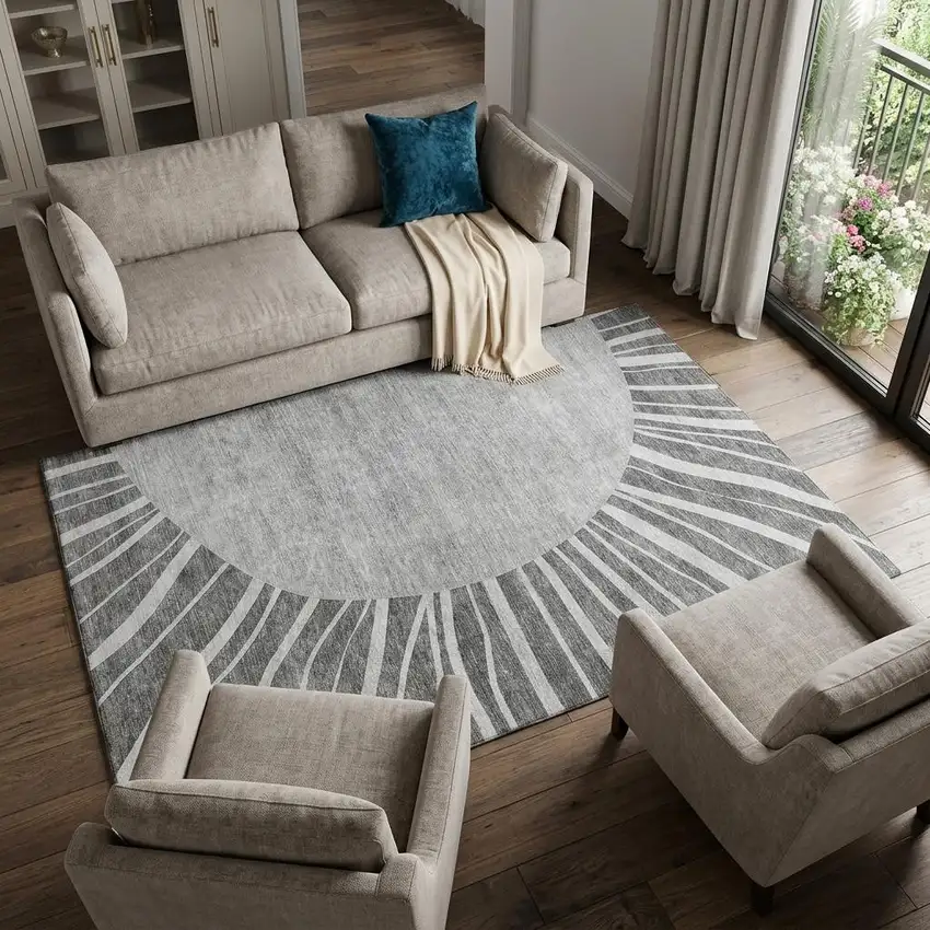 Charcoal And Silver Abstract Washable Area Rug With UV Protection Photo 1