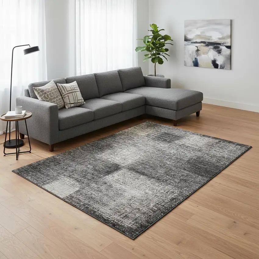 Charcoal And Silver Abstract Washable Area Rug With UV Protection Photo 2