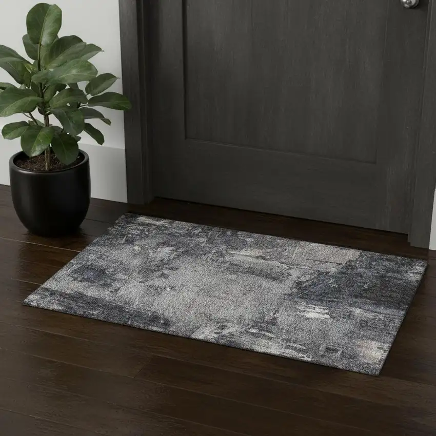 Charcoal And Silver Abstract Washable Area Rug With UV Protection Photo 1