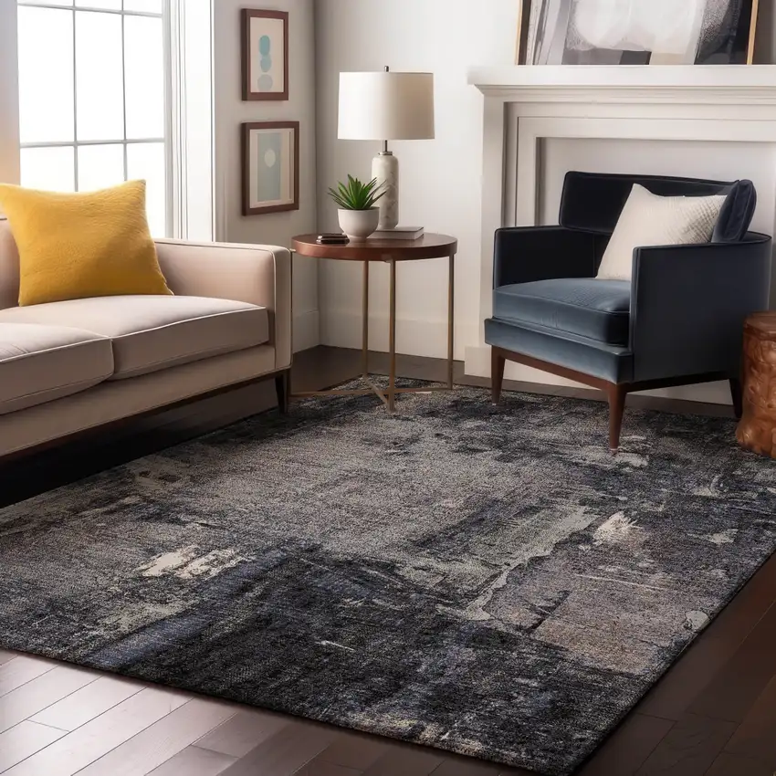 Charcoal And Silver Abstract Washable Area Rug With UV Protection Photo 3