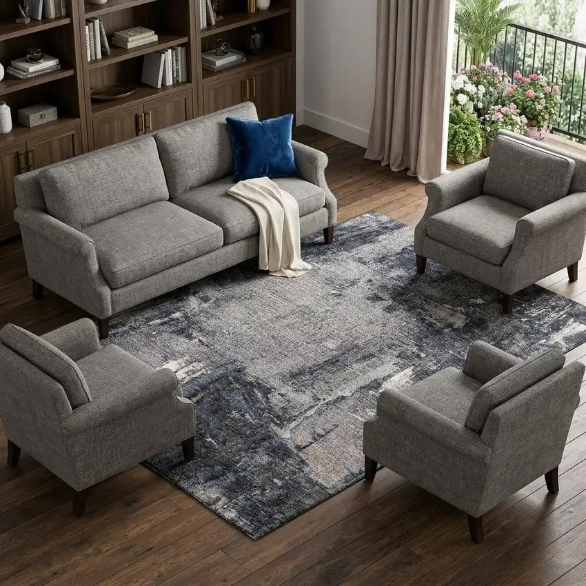 Charcoal And Silver Abstract Washable Area Rug With UV Protection Photo 1