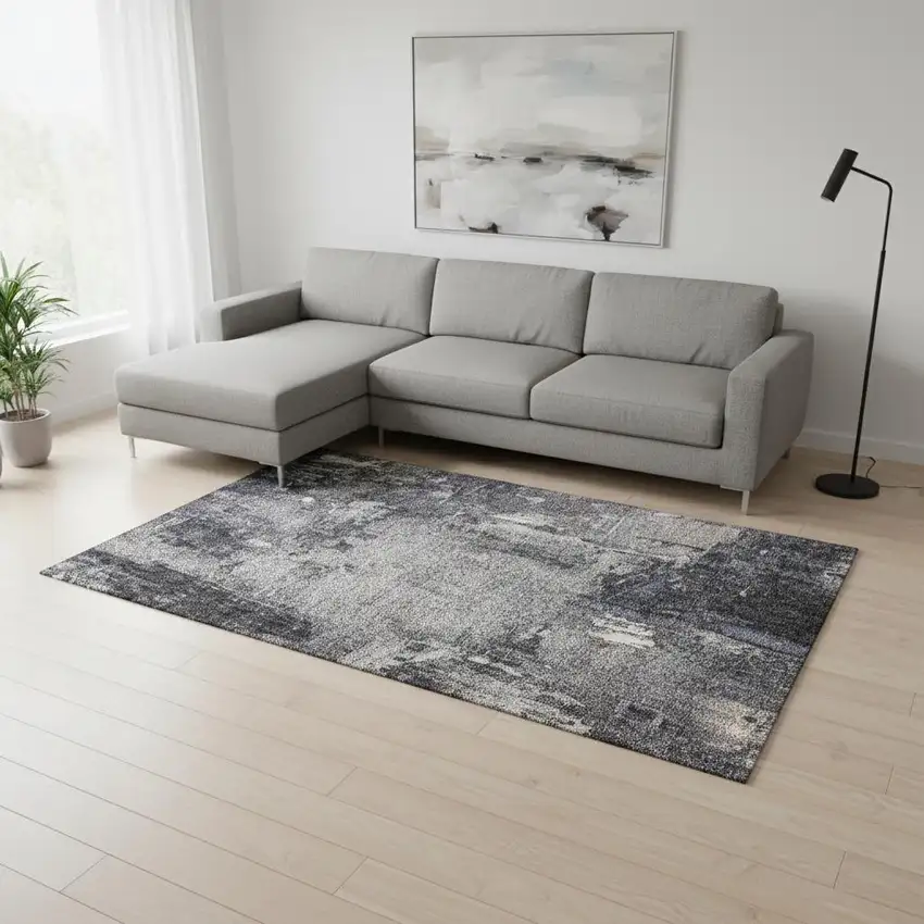 Charcoal And Silver Abstract Washable Area Rug With UV Protection Photo 2