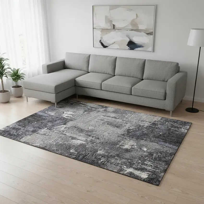 Charcoal And Silver Abstract Washable Area Rug With UV Protection Photo 1