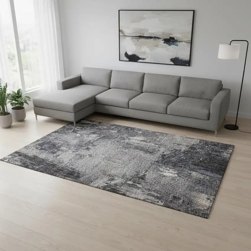 Charcoal And Silver Abstract Washable Area Rug With UV Protection Photo 2