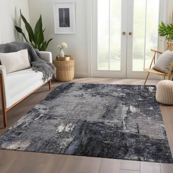 Charcoal And Silver Abstract Washable Area Rug With UV Protection Photo 5