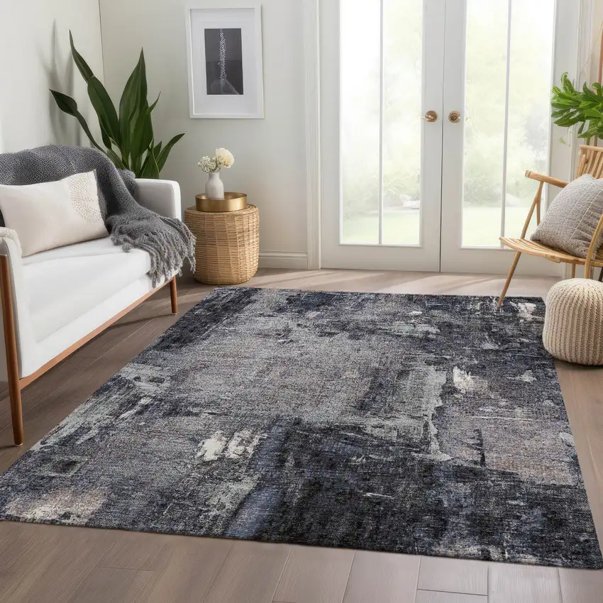 Charcoal And Silver Abstract Washable Area Rug With UV Protection Photo 5