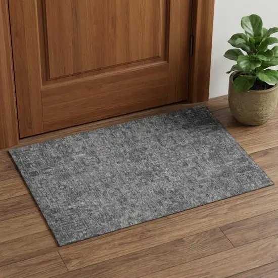 Charcoal And Silver Floral Washable Area Rug With UV Protection Photo 1