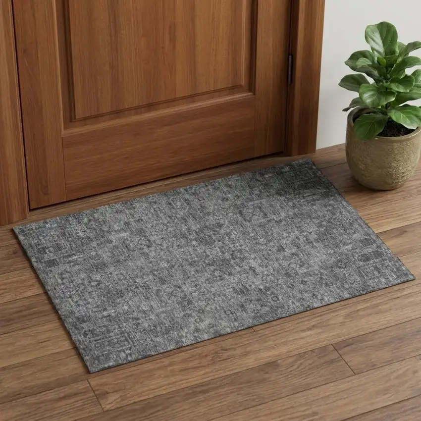 Charcoal And Silver Floral Washable Area Rug With UV Protection Photo 1