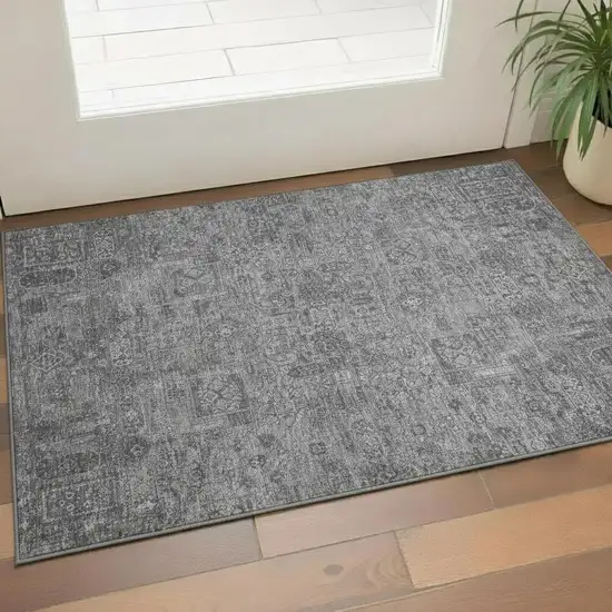 Charcoal And Silver Floral Washable Area Rug With UV Protection Photo 1